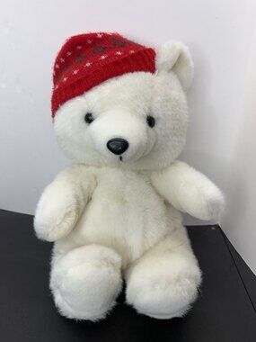 Vintage Kmart Fairview Christmas White Teddy Bear 1986 Red Hat 18” Missing Scarf